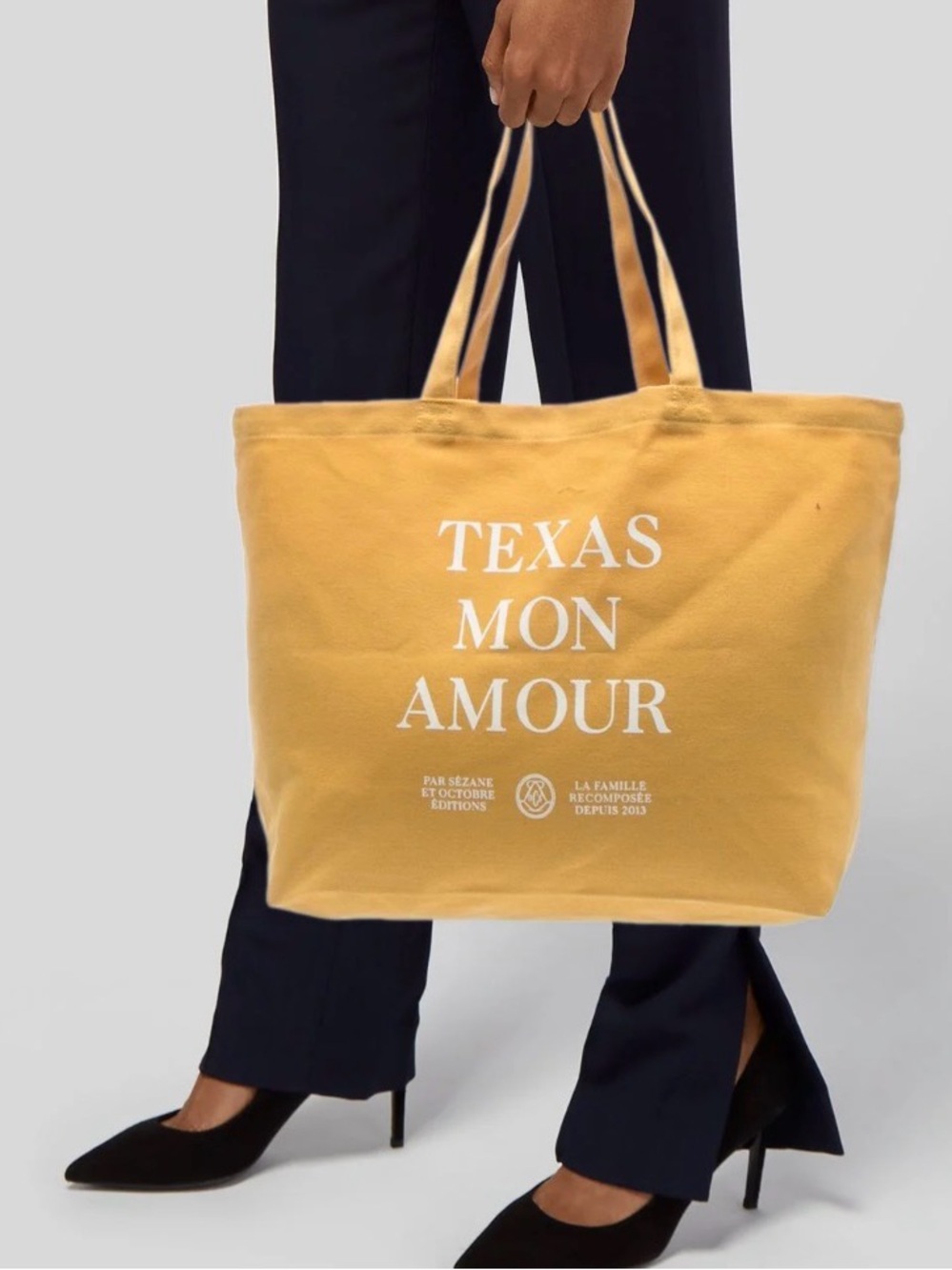 Sézane Austin TX Yellow and White Canvas Tote Bag NEW Texas Mon‎ Amour Octobre